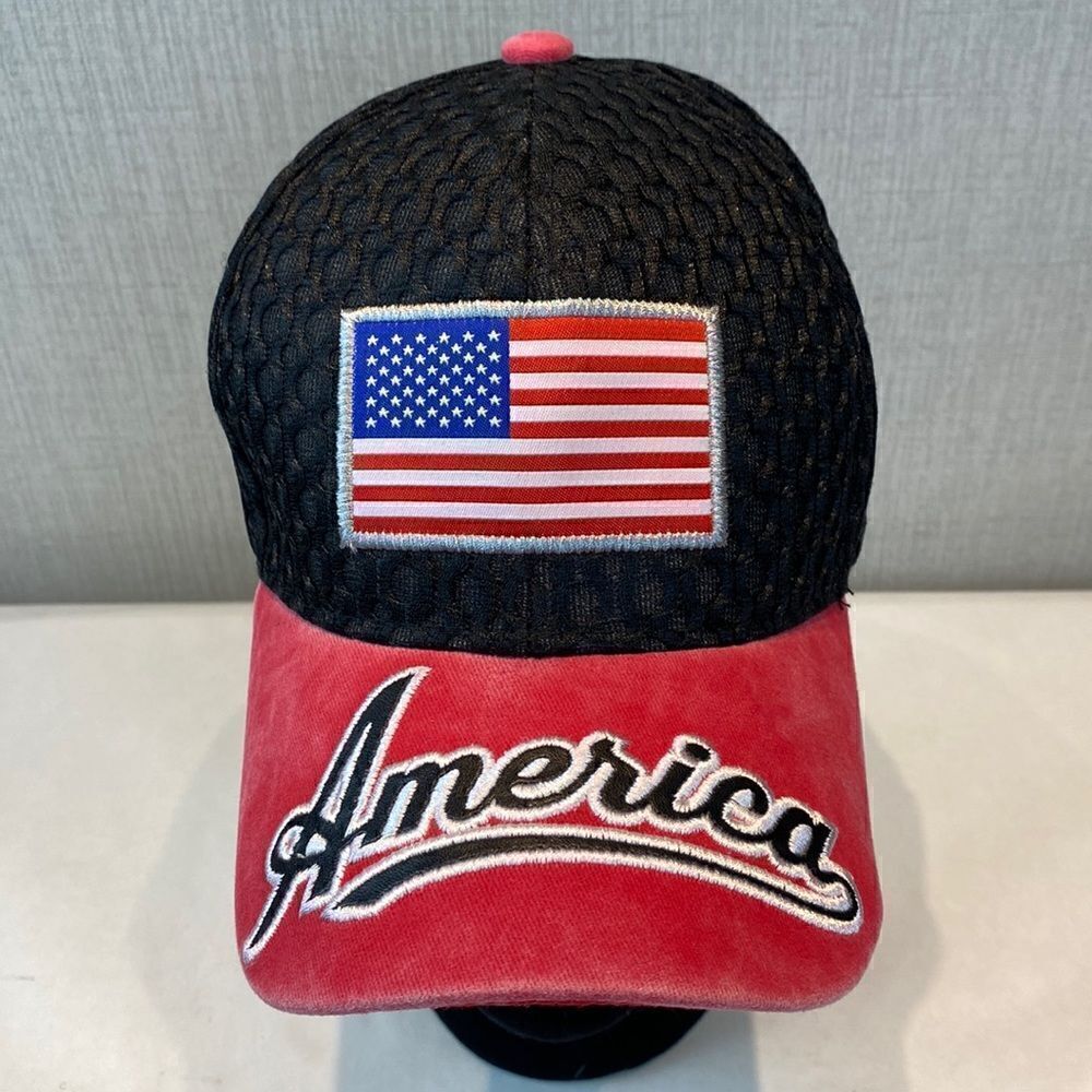 USA Headwear America Flag Hat Cap Black Red Mesh Adjustable